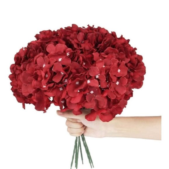10 pack | Dark Red Silk Hydrangea Flower Stems Home Decor Wedding Bouquet Center - Picture 3 of 5